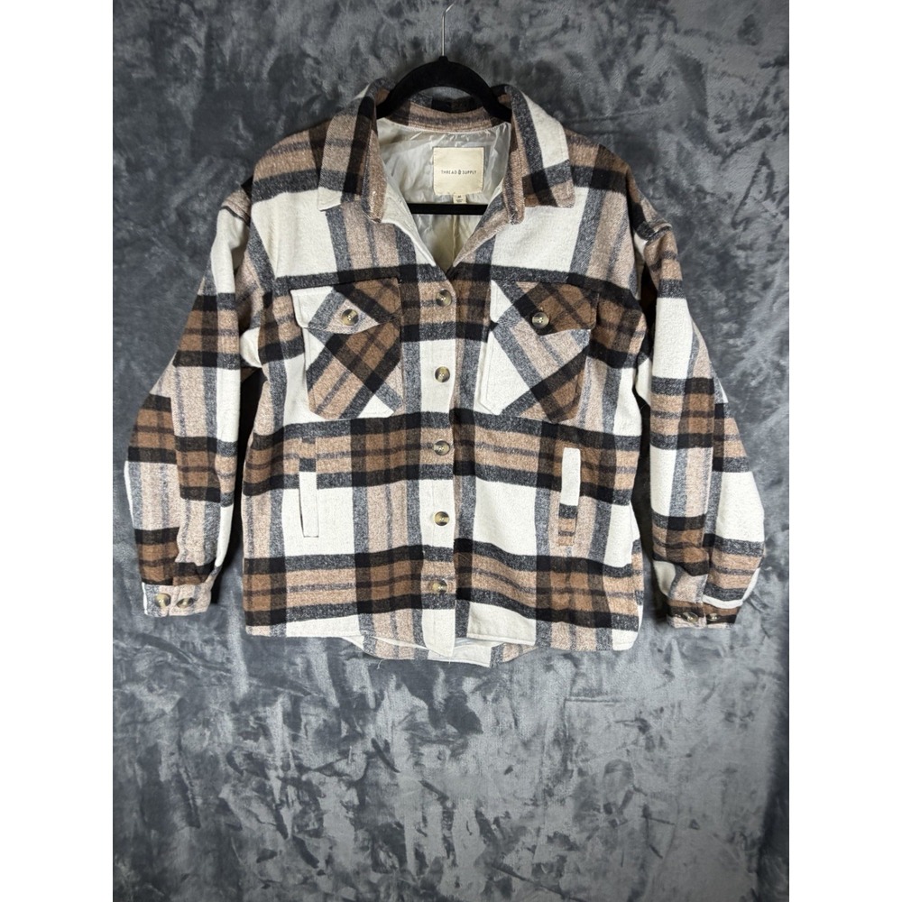 Thread & Supply NWT Women's Brown Plaid Shacket Jacket M Lined Button Front
